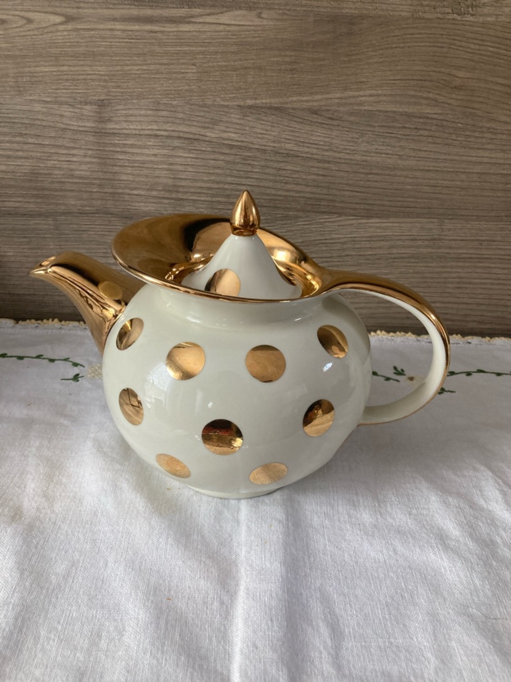 Vintage Hall Teapot Polka Dot Gilded Gold Ivory Art Deco 1940s USA